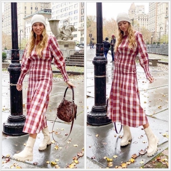 Something Navy Blanche Smocked Plaid Midi Dress Small NWOT Preppy Classic - Picture 16 of 16